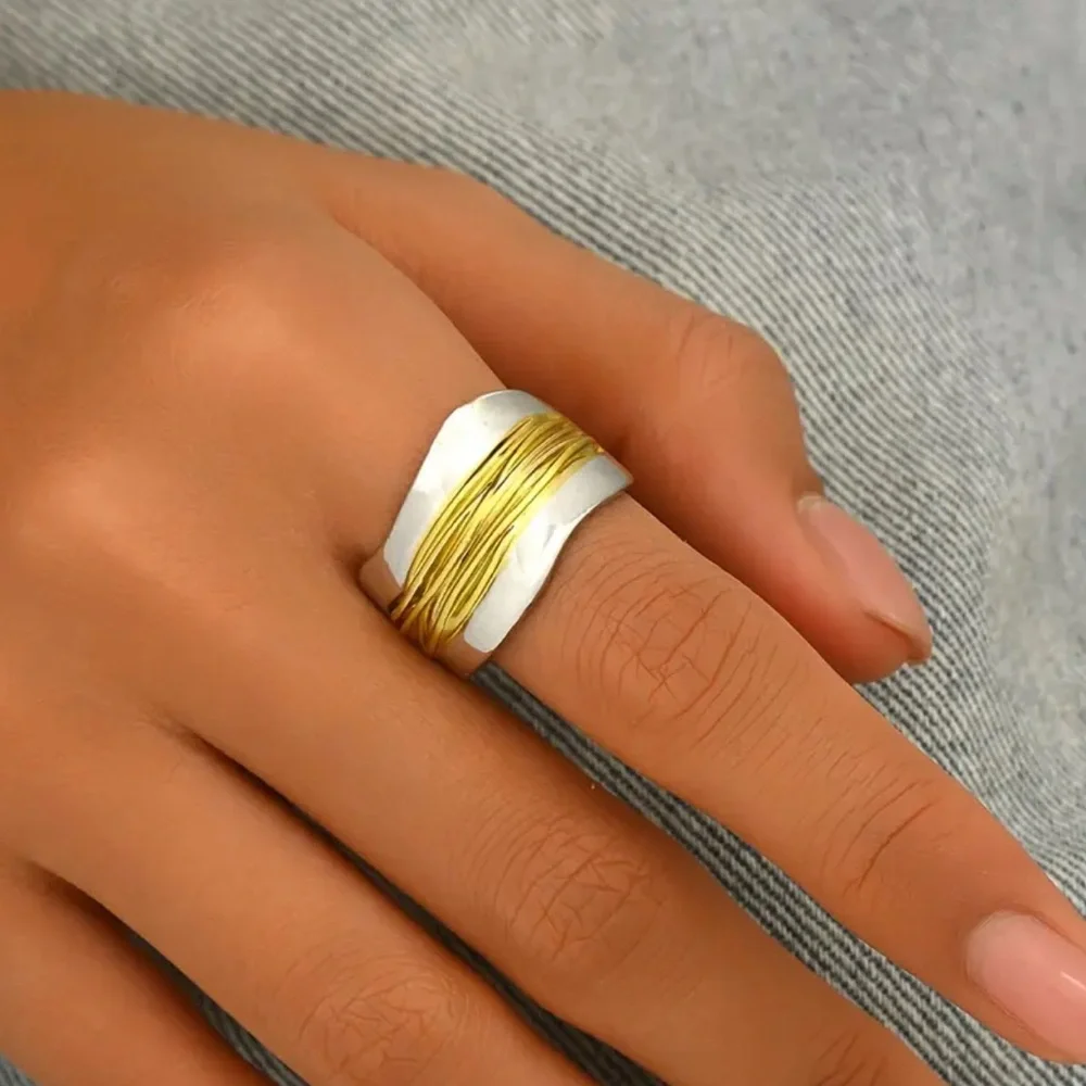 NWT Two Tone Mixed Metal Wire Wrap Wide Band Boho Ring Size 10 Unisex